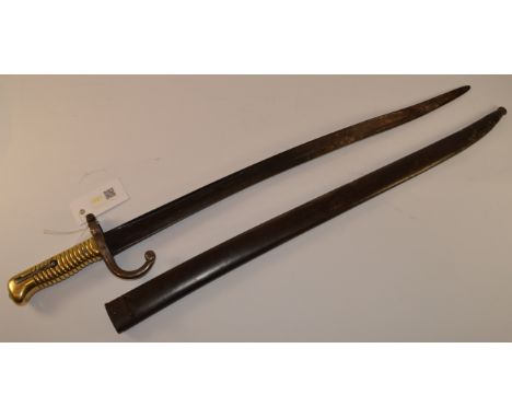 19th century French Chassepot Yataghan Sword Bayonet with brass hilt, steel hooked quillion stamped U83291, blade 54.5cm with