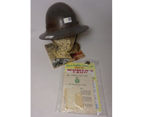 WWII Zuckerman Women's Land Army helmet, with display head, enrolment letter, original members leaflet and Land Army metal  b