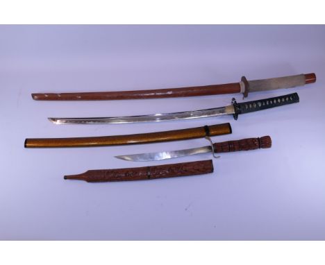 Japanese replica Katona sword and lacquered scabbard, Japanese hardwood practice sword 101cm and another short sword with car