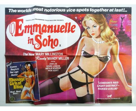EMMANUELLE IN SOHO (1981) - British UK Quad (Tigon Double Bill) - TOM CHANTRELL artwork of Mandy Miller posing in front of Lo