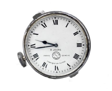 A Jaeger Paris 8 day car clock,Swiss made, brushed metal dial with black Roman numerals 1-12, blued steel hands, 78mm bevelle