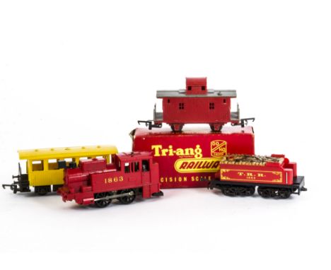 Tri-ang Railways 00 Gauge  Wild West clockwork Loco and Trucks, red 1863 0-4-0 Tank engine (lacks chimney), Tender, 4-wheel c