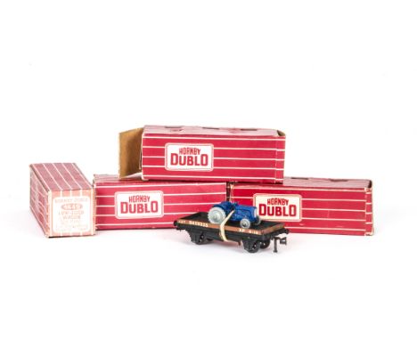 Hornby-Dublo 00 Gauge late-issue 4649 low sided Wagon with Dublo Dinky Tractor and early Post-war Dinky Vehicles,  four wagon