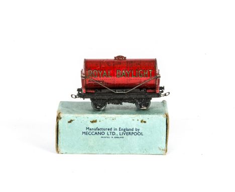 Hornby-Dublo 00 Gauge boxed Pre-war 3-Rail red Royal Daylight Tank Wagon, in original light blue box dated 3.39, F-G, three b