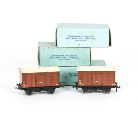 A pair of Hornby-Dublo 00 Gauge boxed Pre-war 3-Rail NE Fish Vans, both in original light blue boxes dated 4.39 and an empty 