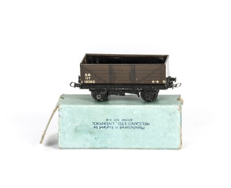 Hornby-Dublo 00 Gauge boxed Pre-war 3-Rail SR 12-Ton Open Wagon, in original light blue box with SR label dated 8.38, VG, box