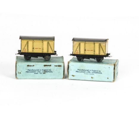 Pair of Hornby-Dublo 00 Gauge boxed Pre-war 3-Rail SR Meat Vans, in light blue boxes both dated 4.39, F and VG, boxes F-G (2)