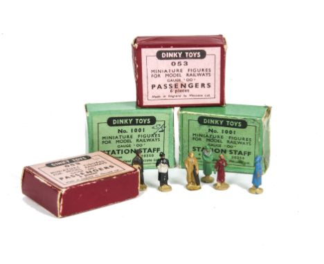 Hornby-Dublo 00 Gauge Dinky Toys Metal Figures, 053 Passengers, (2 boxes in maroon) and 1001 Station Staff (2 boxes in green)