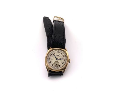 A gents vintage 9ct gold Rone sportsman wristwatch, in need of attention. (A).
