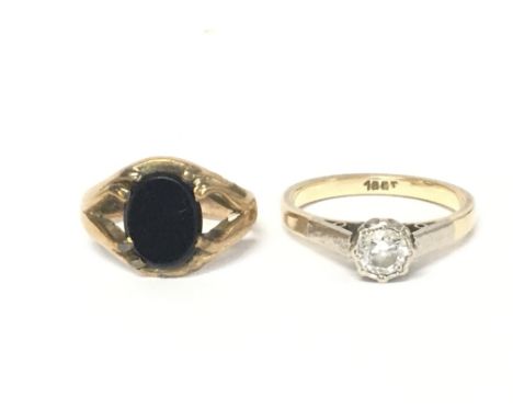 An 18ct gold ring set with a moissanite stone (size Q/R)and a 9ct gold ring (size H). Overall weight of 6.8g Postage category