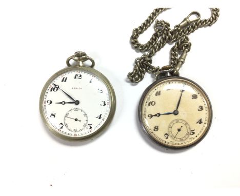 A zenith pocket watch and one other with a chain. Both wind and run. Approximately 47mm and 45mm cases.