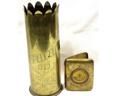 Light division trench art cigarette case with an engraved 1917 shell casing. P&amp;P Group 1 (£14+VAT for the first lot and £