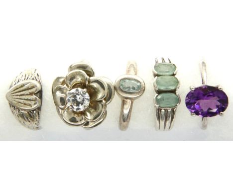 Five 925 silver stone set rings, mixed sizes. P&amp;P Group 1 (£14+VAT for the first lot and £1+VAT for subsequent lots) 