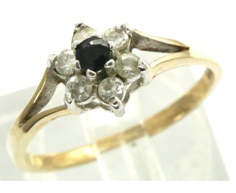 9ct gold sapphire and white stone set daisy ring, size N, 1.5g. P&amp;P Group 1 (£14+VAT for the first lot and £1+VAT for sub