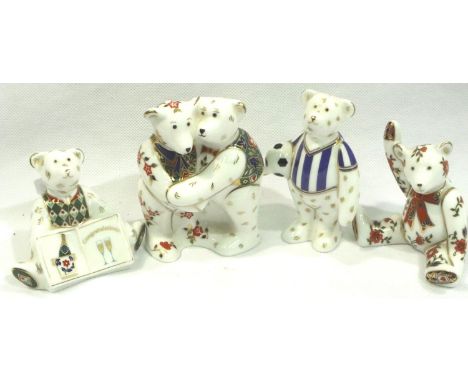 Four Royal Crown Derby teddy bear figurines, tallest H: 80 mm. P&amp;P Group 2 (£18+VAT for the first lot and £3+VAT for subs