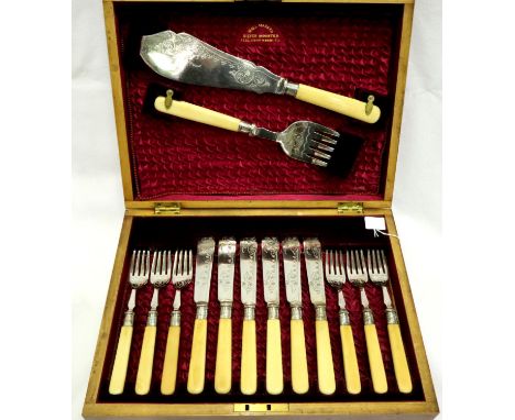 Boxed Victorian fish set, EPNS blades with silver mounts hallmarked Sheffield 1897, maker SB. P&amp;P Group 1 (£14+VAT for th
