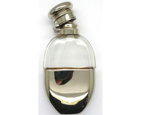 Silver plated and glass hip flask, L: 11 cm. P&amp;P Group 1 (£14+VAT for the first lot and £1+VAT for subsequent lots) 