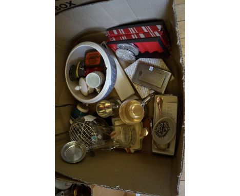 One box of assorted ceramics glass and metalware to include a Poole pottery Freeform bowl by Alfred Read, pewter tankards etc