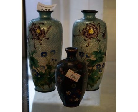 A pair of Japanese cloissonne Ginbari fish scale vases with impressed marks to base together with a further Japanese cloisonn