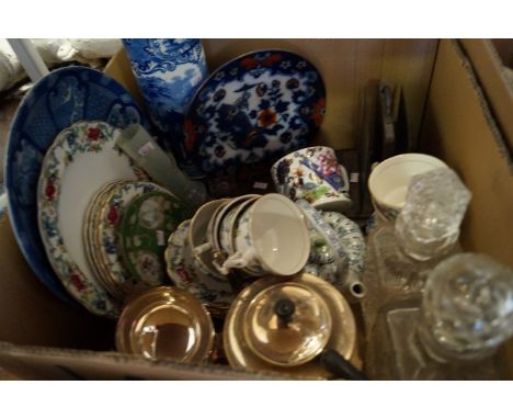 One box of assorted ceramics, glass and metalware to include a silver-plated three piece tea service, large blue and white sl