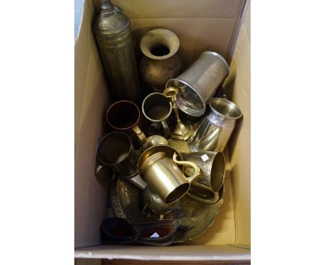 A small collection of assorted metalware to include brass eastern vase, a pair of vintage goggles etc 