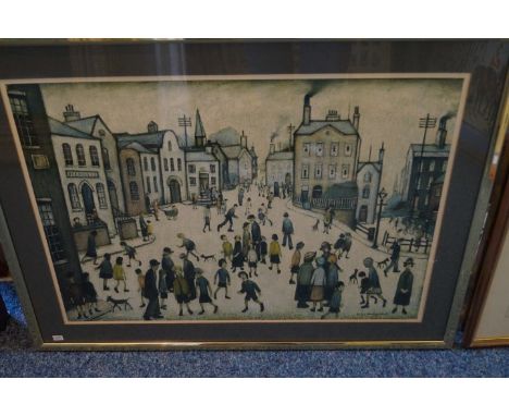 A Lawrence Stephen Lowry print depicting figures in street scene 