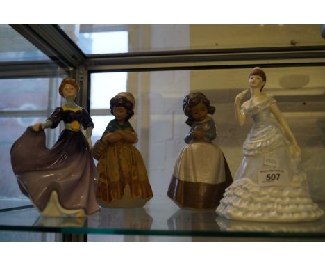A mixed group of ceramic figures to include a Royal Doulton lady figurine Jacqueline HN2333, a Coalport Ladies of Fashion fig