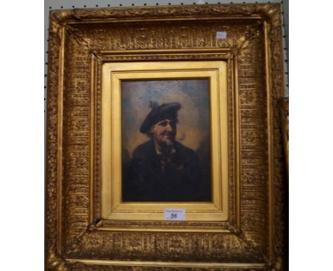 A 19th century oil on panel depicting a portrait of a Scotsman smoking a pipe, inset within large ornate gilt frame 