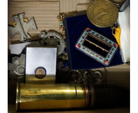 An enamel belt buckleTogether with, a piece of trench art, with various medals and other items (Qty)