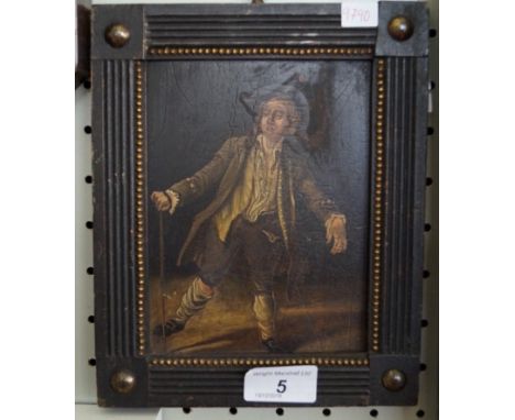 A 19th century oil on panel depicting a gentleman with walking stick, inset within ebonised frame