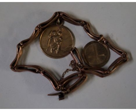 A rose metal gate link braceletUnmarked, with two 9ct gold charms attached, Weight 11g 