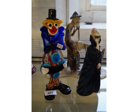 A mixed group of items to include Royal Doulton lady figure Masque HN2554, Murano glass clown and an unusual ceramic model of
