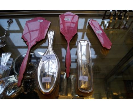 A mixed group of items to include a Birmingham hallmarked silver backed hairbrush, together with a matching clothes brush and