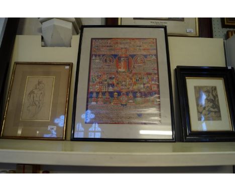 An ink sketch depicting two nude figures together with two prints 