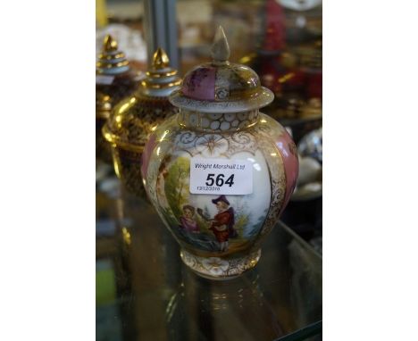 A mixed group of ceramic items to include a pair of modern lidded ceramic jars together with a Dresden hand painted porcelain