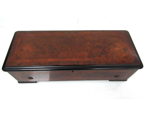 An Adolphie Woog ratchet-wind cylinder music box playing eight airs on single comb, in walnut case. Lever numbered 26499. Cyl