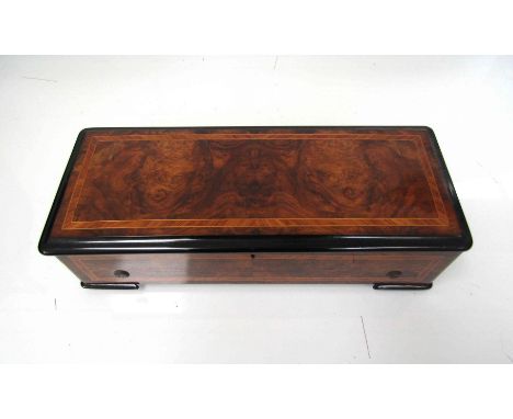 A Bremond lever-wind two comb sublime harmony cylinder music box in burr walnut case with ormolu handles, playing six airs, c