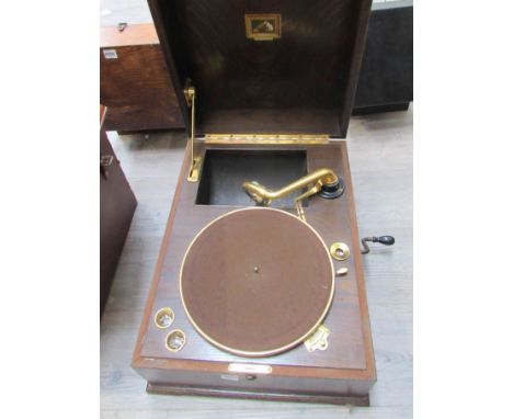 An HMV table grand gramophone model 461, 1926, in oak veneer case with gold plated and enamel fittings, double spring motor a