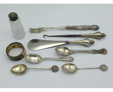 A quantity of mixed items including silver handled shoe horn & button hook, two silver tennis spoons, silver napkin ring & si