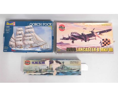 Three boxed model kits by Airfix (2) & Revell, one of sail ship, one aircraft & one warship, scales 1:72, 1:600 & 1:253