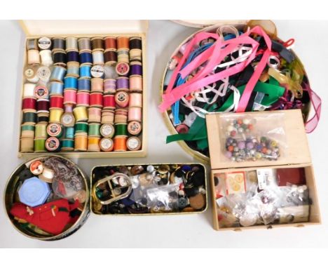 A quantity of cottons including vintage Sylko, ribbons & related sewing items