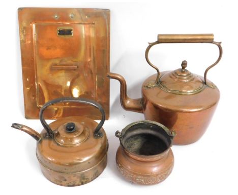 A Georgian copper kettle, an Asian copper pot, one other copper kettle & a vintage copper cheese vat cover originally from Da
