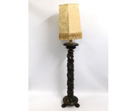 An ornate carved fruit wood standard lamp with carved fruit & vine decor, some evidence of old worm, 75.625 to top of shade w