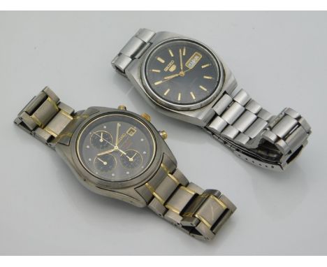 A gents Seiko Chronograph titanium 100m, twinned with a Seiko 5, both run then stop