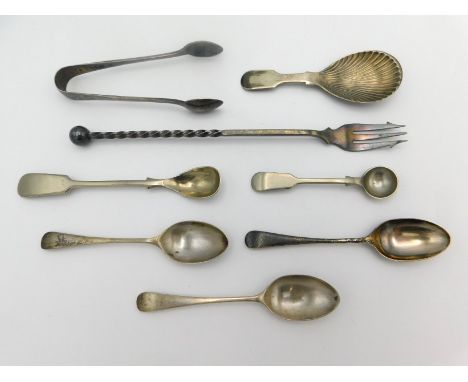 Three 1914 London silver teaspoons by Harrods Stores Ltd. 40.7g twinned with five plated items including a caddy spoon & pick
