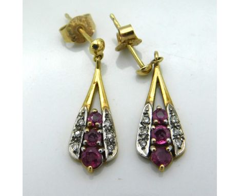 A pair of 9ct gold diamond & ruby set earrings, drop 21mm, 2g