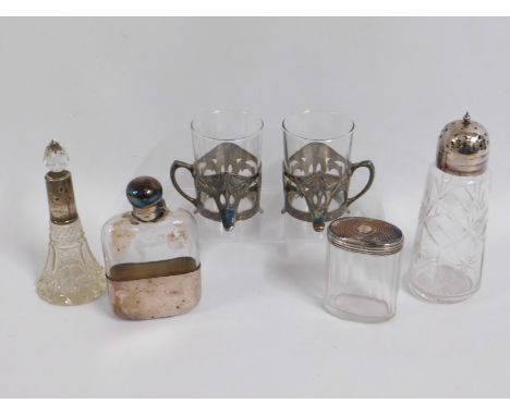 A pair of WMF mounted glasses twinned with a silver collared scent bottle, a plated James Dixon hip flask & a white metal top