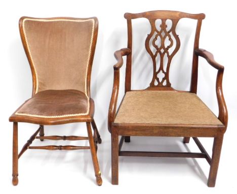 An oak country Chippendale style chair, 37.5in high to back, twinned with a 19thC. later upholstered walnut bedroom chair