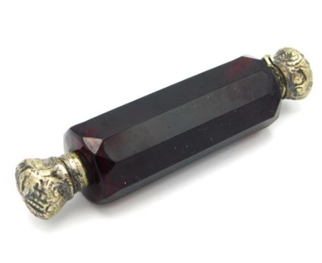 A Victorian ruby glass white metal double ended scent bottle, 4.25in long