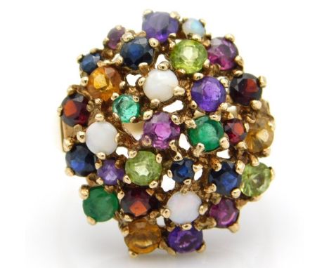 A 9ct gold cluster ring set with opal, emerald, amethyst, peridot, garnet, citrine & sapphire, 5.5g, size R